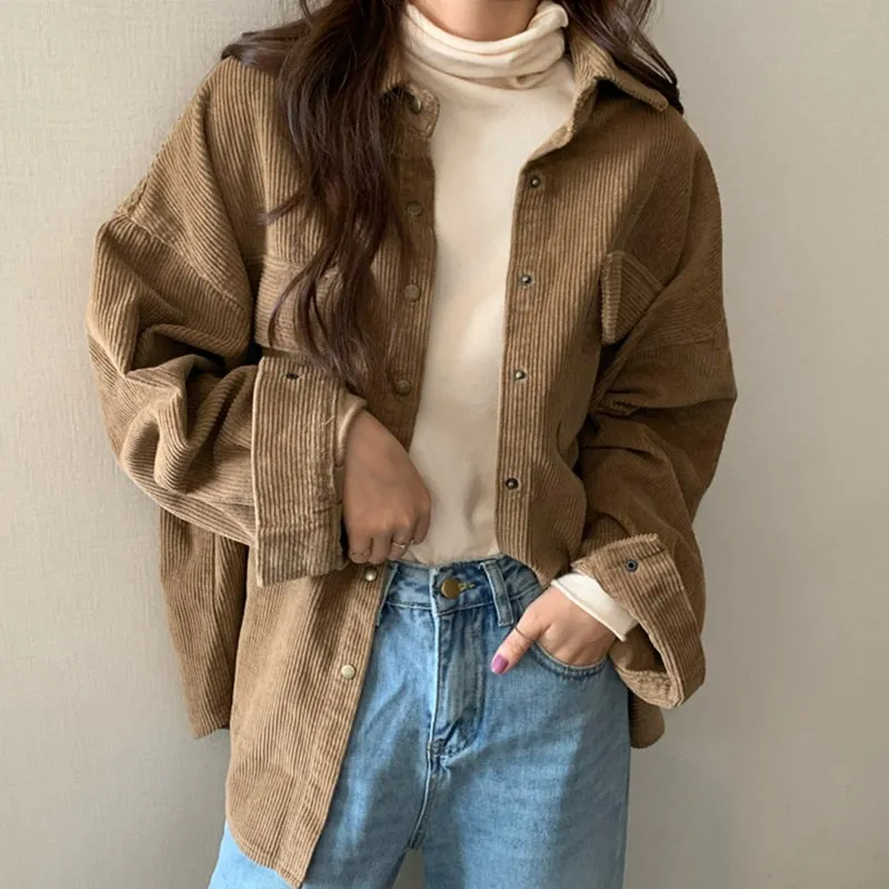Wjczt Spring New Women Solid Corduroy Shirts Jackets Full Sleeve Turn-Down Collar Oversize Coats Casual Autumn Basic Outwear T0O901F