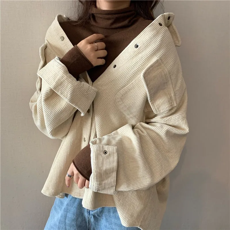 Wjczt Spring New Women Solid Corduroy Shirts Jackets Full Sleeve Turn-Down Collar Oversize Coats Casual Autumn Basic Outwear T0O901F