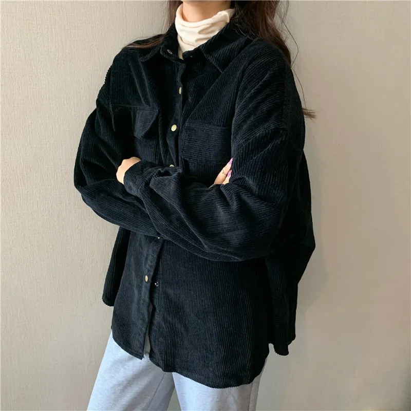 Wjczt Spring New Women Solid Corduroy Shirts Jackets Full Sleeve Turn-Down Collar Oversize Coats Casual Autumn Basic Outwear T0O901F