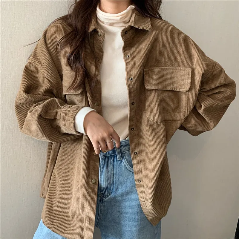 Wjczt Spring New Women Solid Corduroy Shirts Jackets Full Sleeve Turn-Down Collar Oversize Coats Casual Autumn Basic Outwear T0O901F