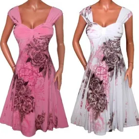 Women Fashion Plus Size Sleeveless Floral Print Collect Waist Chiffon Short Dress (S-XXXXXL) WZC5078
