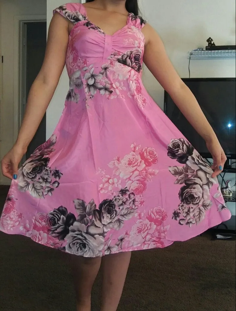 Women Fashion Plus Size Sleeveless Floral Print Collect Waist Chiffon Short Dress (S-XXXXXL) WZC5078