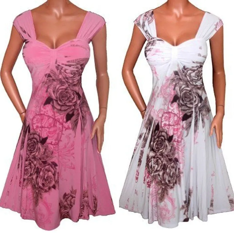 Women Fashion Plus Size Sleeveless Floral Print Collect Waist Chiffon Short Dress (S-XXXXXL) WZC5078