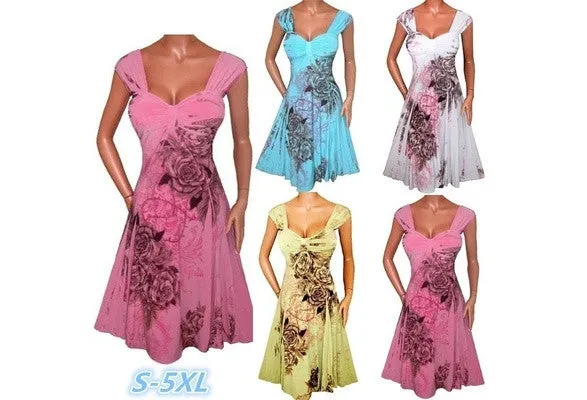 Women Fashion Plus Size Sleeveless Floral Print Collect Waist Chiffon Short Dress (S-XXXXXL) WZC5078