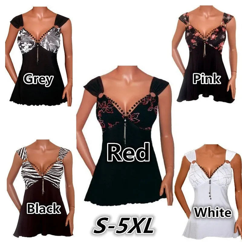 Women's Fashion Plus Size Short Sleeve V-neck Print Casual Loose Tops WZC6484