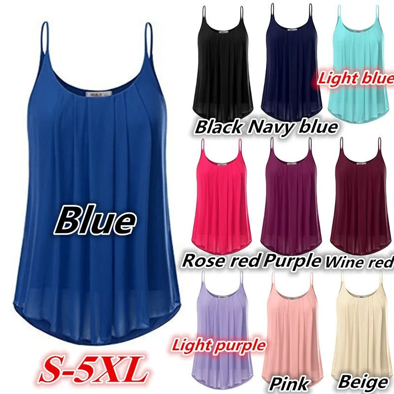 Women's Fashion Plus Size Sleeveless O-neck Pure Color Casual Loose Chiffon Tops WZC6598