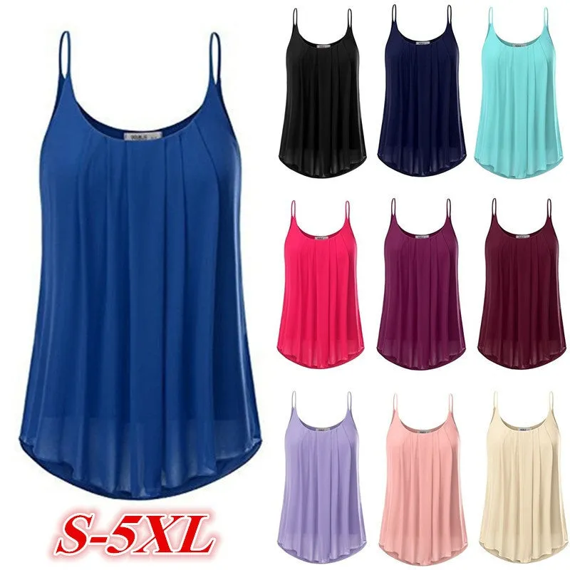 Women's Fashion Plus Size Sleeveless O-neck Pure Color Casual Loose Chiffon Tops WZC6598