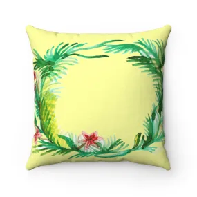 Yellow Floral Pillow, Red Floral Wreath Spun Polyester Square Decorative Pillow - Made in USA