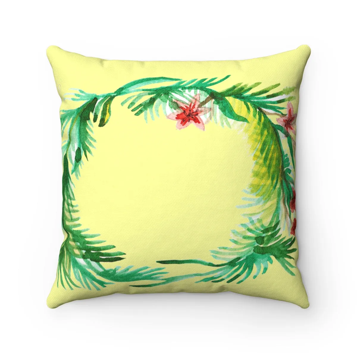 Yellow Floral Pillow, Red Floral Wreath Spun Polyester Square Decorative Pillow - Made in USA