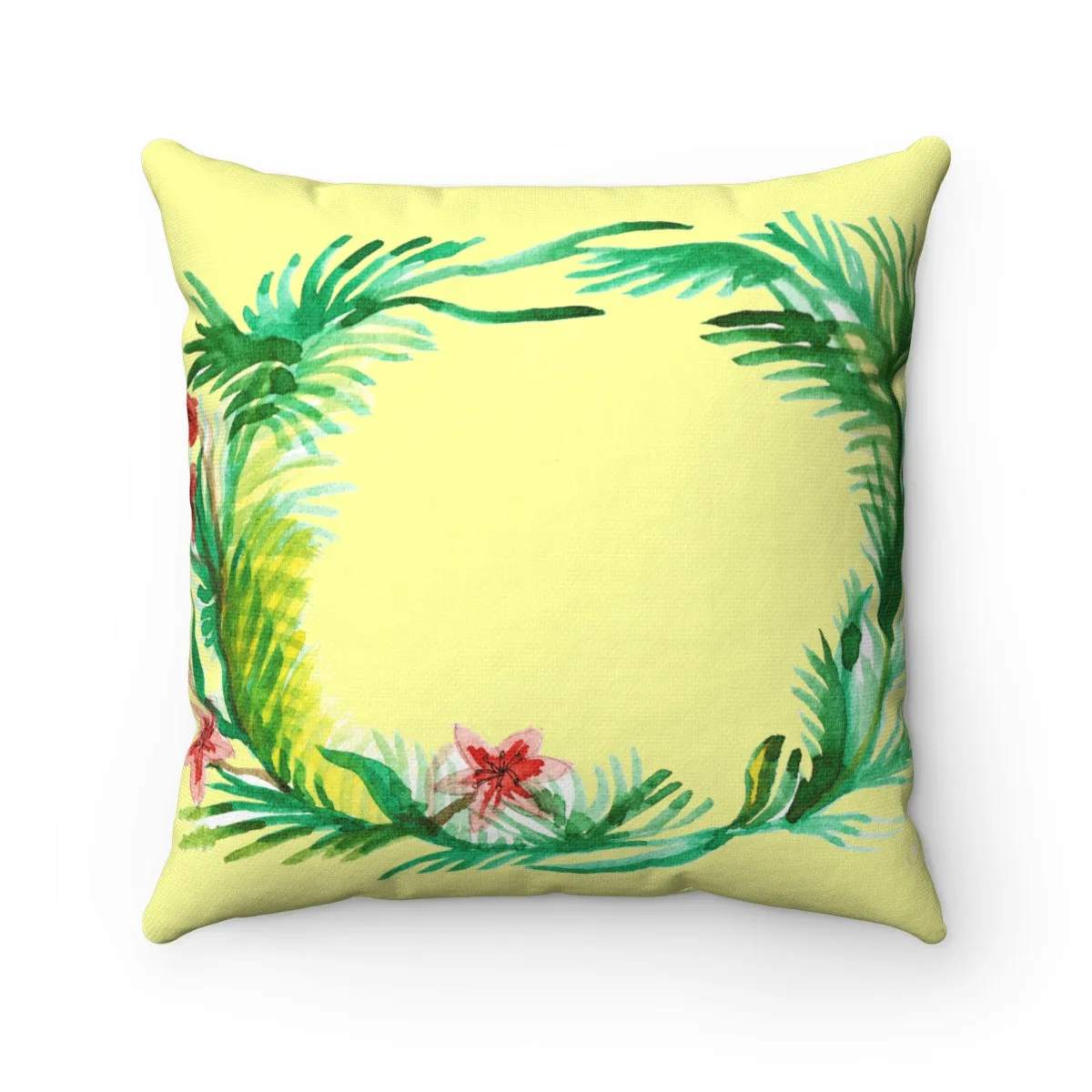 Yellow Floral Pillow, Red Floral Wreath Spun Polyester Square Decorative Pillow - Made in USA